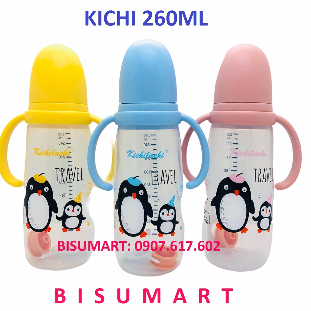 Bình Sữa cổ hẹp KICHI có quai cầm nhựa PP không BPA 140ml / 200ml / 260ml