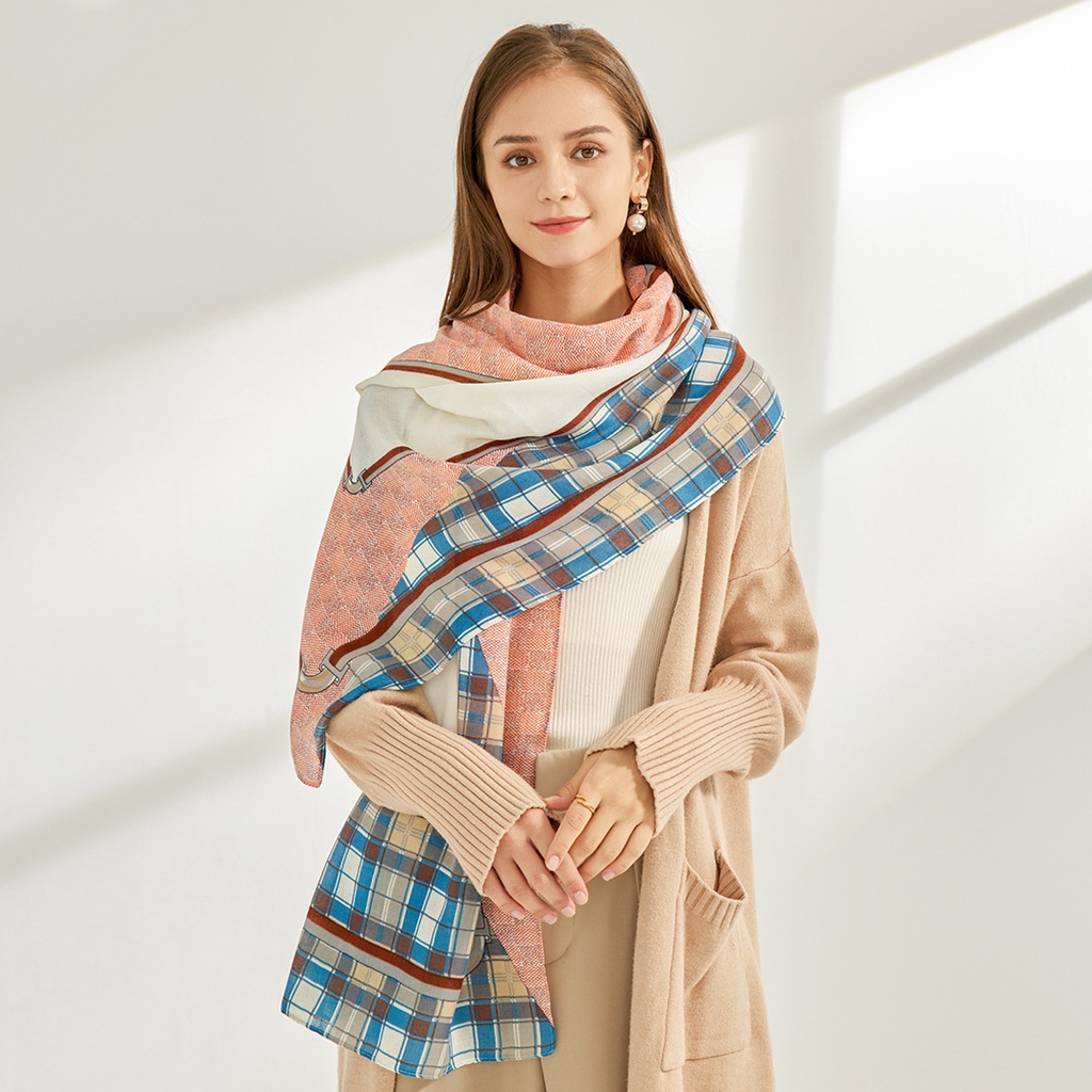 Khăn Choàng Cổ Dài Chất Liệu cotton Lanh Kẻ Sọc Màu Sắc Ấm Áp Thời Trang Thu Đông Cho Nữ