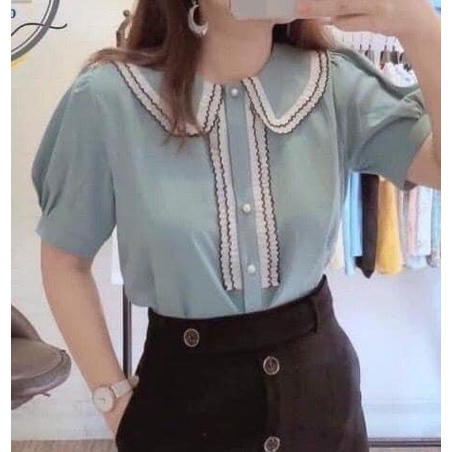 Áo sơ mi nữ tay ngắn cổ 2 lá viền ren  3 màu Hồng + Trắng+ Xanh trẻ trung chất voan mềm mịn Gloria Shop