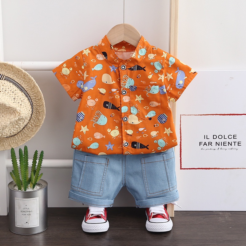 Bộ đồ áo sơ mi quần jean họa tiết KHỦNG LONG phong cách Hàn Quốc cho bé trai QATE32