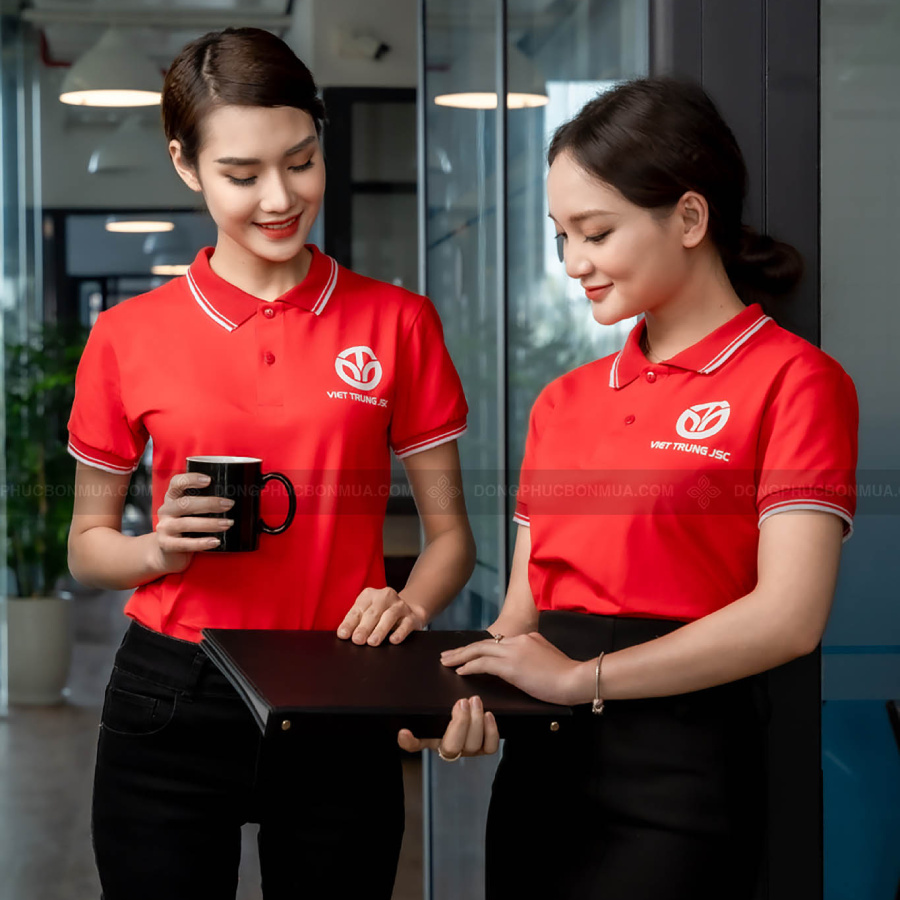 Áo Đồng Phục Doanh Nghiệp Đỏ Cổ Phối Kẻ Cotton, Lascote Co Giãn, Thấm Hút Mồ Hồi