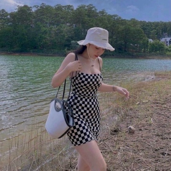 Đầm body 2 dây caro màu ô kẻ đẹp dáng cực chuẩn PC