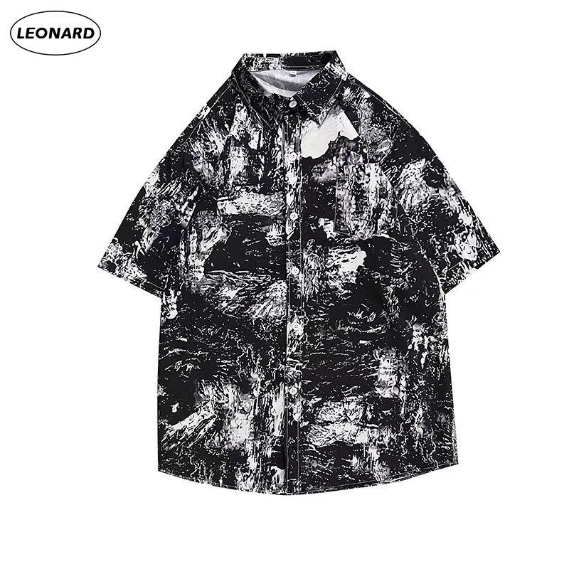 Áo Sơ Mi Đen Tay Ngắn Dáng Rộng In Hoa Trẻ Trung Hợp Thời Trang Cho Nam 8XL