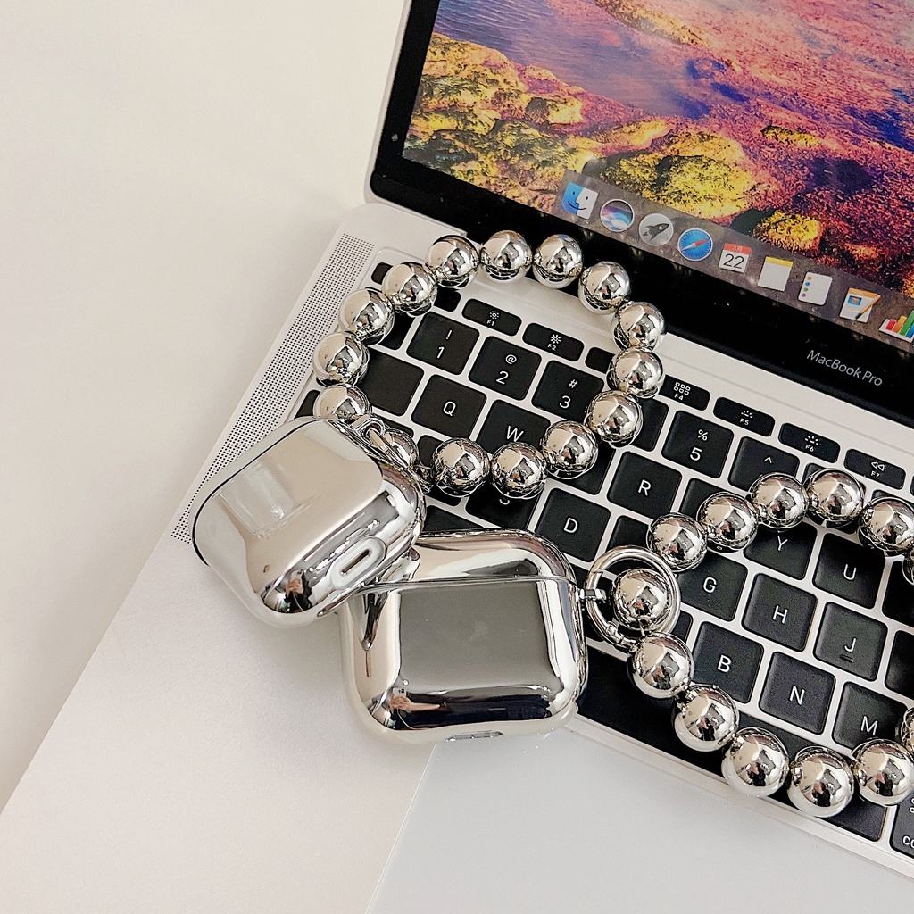 Vỏ Bảo Vệ Hộp Sạc Tai Nghe Bluetooth airpods 1 2 3 pro Bằng tpu Mềm Mạ Bạc Đính Chuỗi Hạt Thời Trang Mới