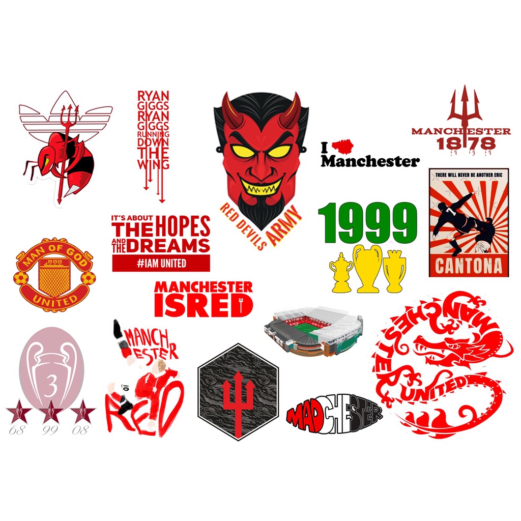 Bộ 16 stcker hình dán Manchester United, hình dán sticker bóng đá, hình dán laptop, hình đán nón bảo hiểm