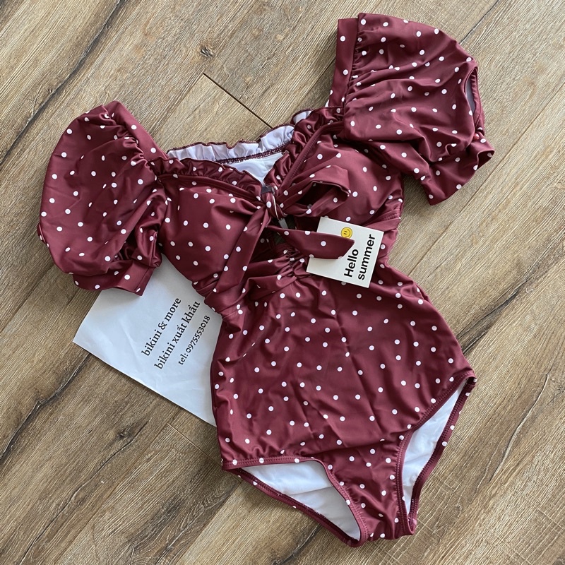 [BKN722] &lt;HÀN&gt; BODYSUIT TAY NGẮN CHẤM BI MÀU ĐỎ BURGUNDY KIỂU HÀN