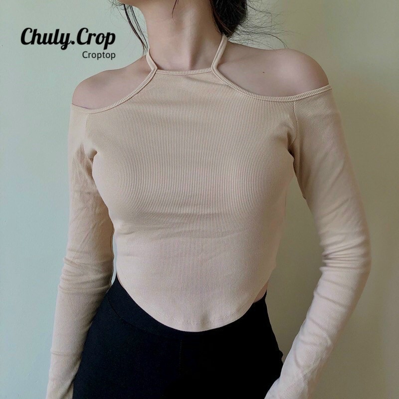 Áo Croptop Nữ Vạt Bầu Tay Dài Cổ Yếm Hở Vai Body Gợi Cảm Nhã Nhặn