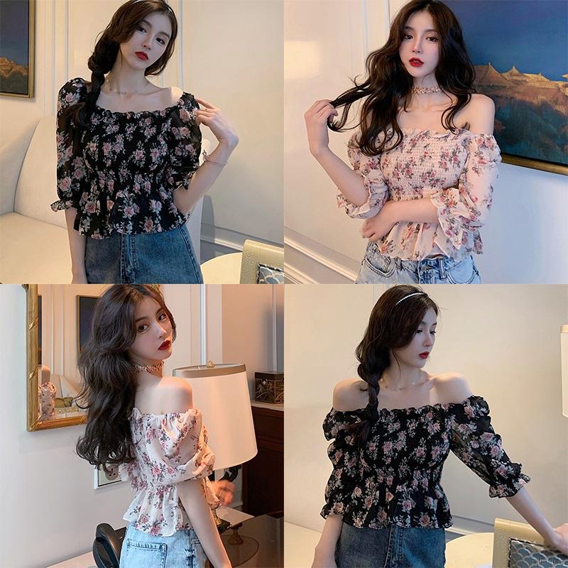 Áo voan croptop hoạ tiết hoa thiết kế trễ vai quyến rũ