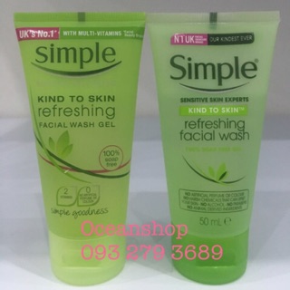 (Mini) Sữa rửa mặt Simple màu xanh kind to skin refreshing facial wash gel 50ml (Bill mua ảnh bên cạnh)
