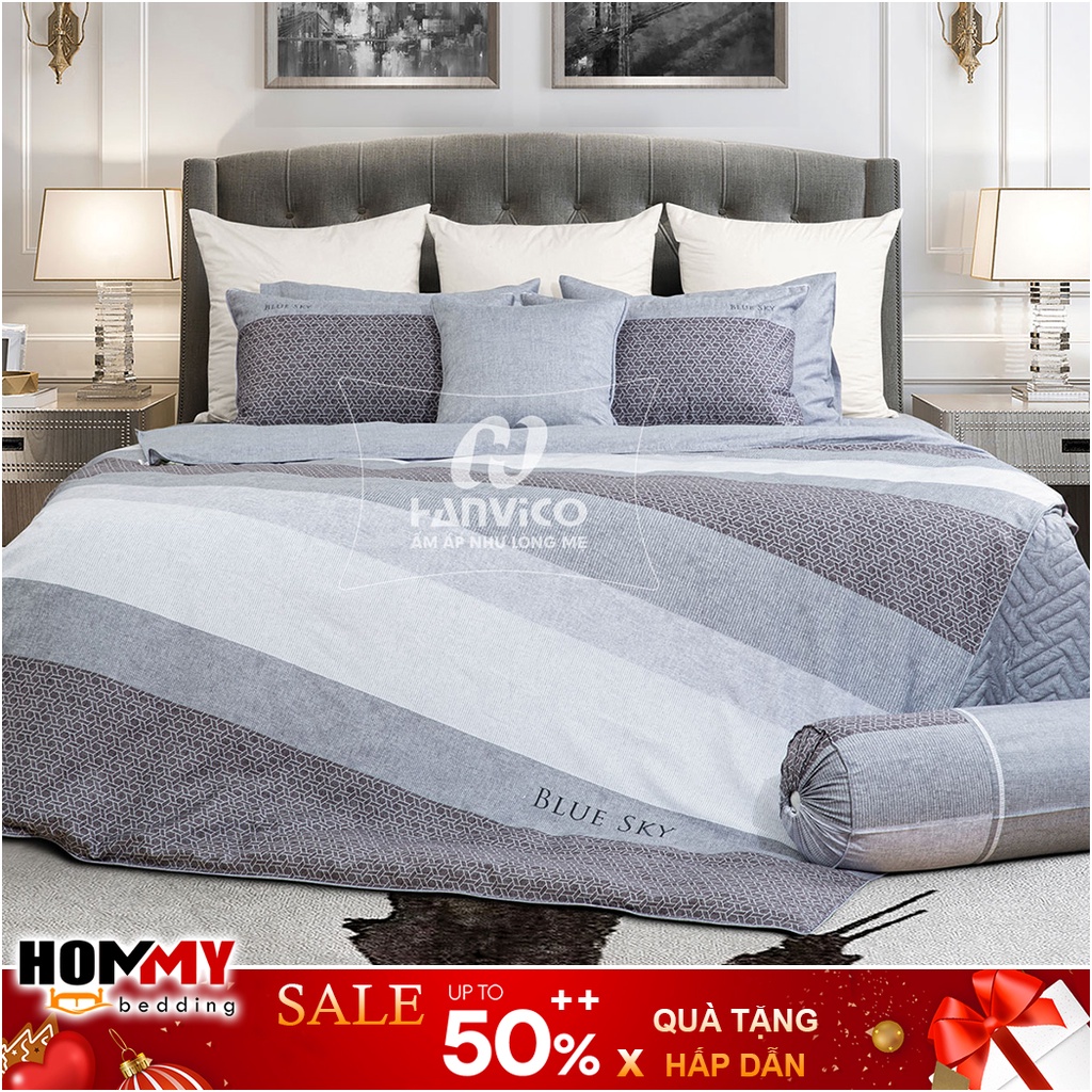 🍁 Mẫu Chăn Ga Gối 🍁 Hanvico Blue Sky DLP185 vải cotton cao cấp (bán lẻ ga chun / vỏ chăn / đôi vỏ gối)
