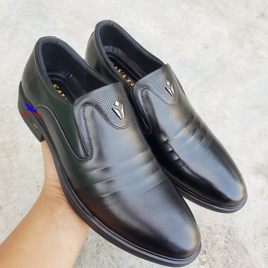 Giày tây nam da bò thật SIÊU MỀM mẫu mới nhất mũi bo tròn ĐẾ KHÂU dành cho người trung niên cao niên QUÀ BIẾU O-11 đen
