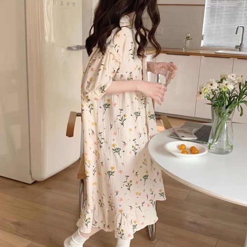 Đầm Ngủ Tay Ngắn Dáng Dài Rộng In Họa Tiết Hoa Thời Trang Mùa Hè Phong Cách Hàn Quốc Cho Nữ
