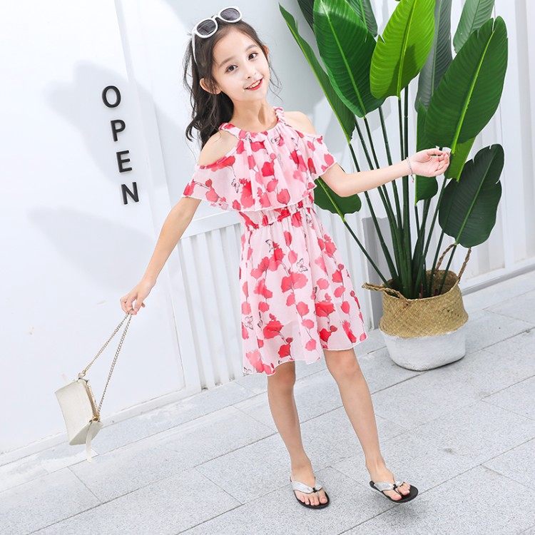 ✨CindyMom✨ Váy Cho Bé Gái - Hoa Văn Lá Hồng- Đầm Voan Dây - Váy Lạnh Vai Cho Bé Gái - Quần áo Bé Gái (13 -36kg)