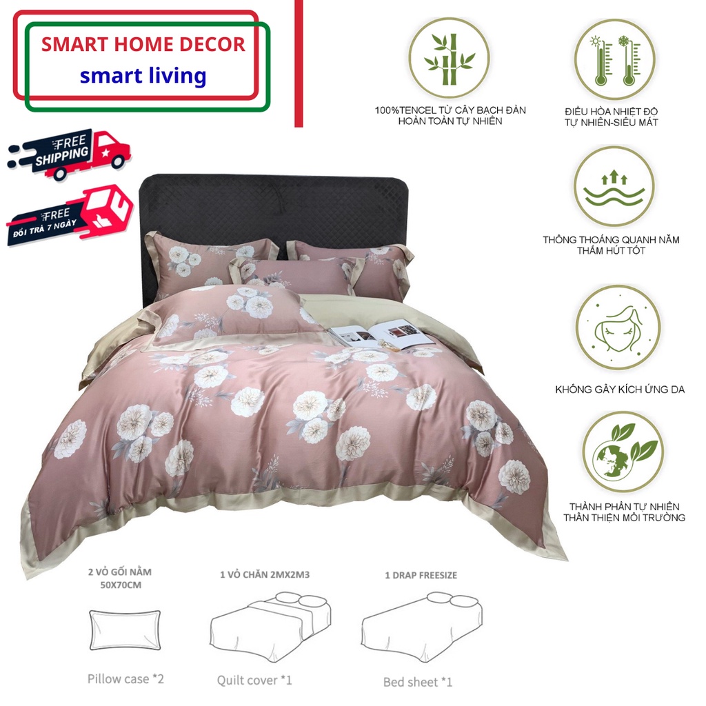 Bộ chăn ga gối cao cấp 100%Tencel 100s, họa tiết Cúc Vạn thọ tone hồng,mang ý nghĩa trường tồn, tạo cảm giác mềm mát mịn