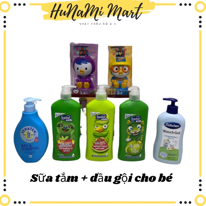 Dầu gội xả + sữa tắm 3 in 1 Suave kid vòi 532ml, Sữa tắm gội sơ sinh Bubchen 400ml, Sữa tắm gội Penaten 400ml, ST Pororo