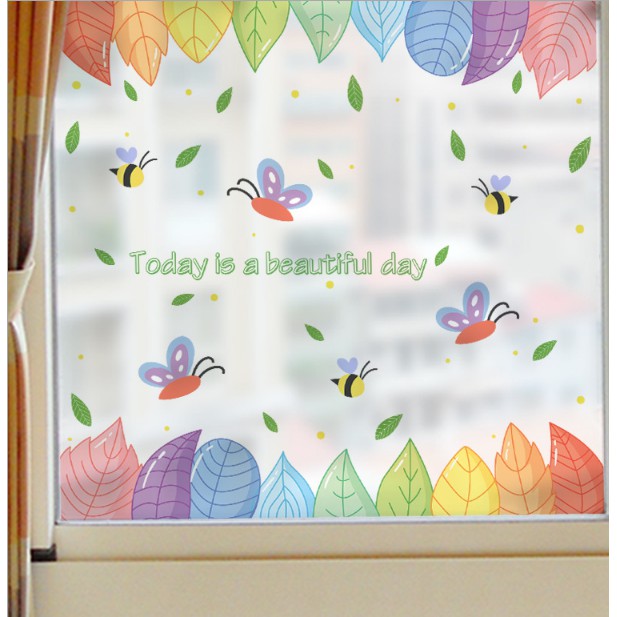 Decal dán kính cao cấp - Viền Lá Sắc Màu ( 60x58cm )