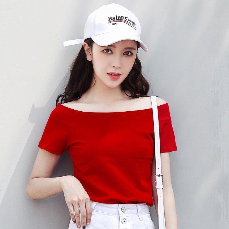 Áo Thun Cotton Trễ Vai Ngắn Tay Màu Trơn Phong Cách Hàn Quốc N250 [95
