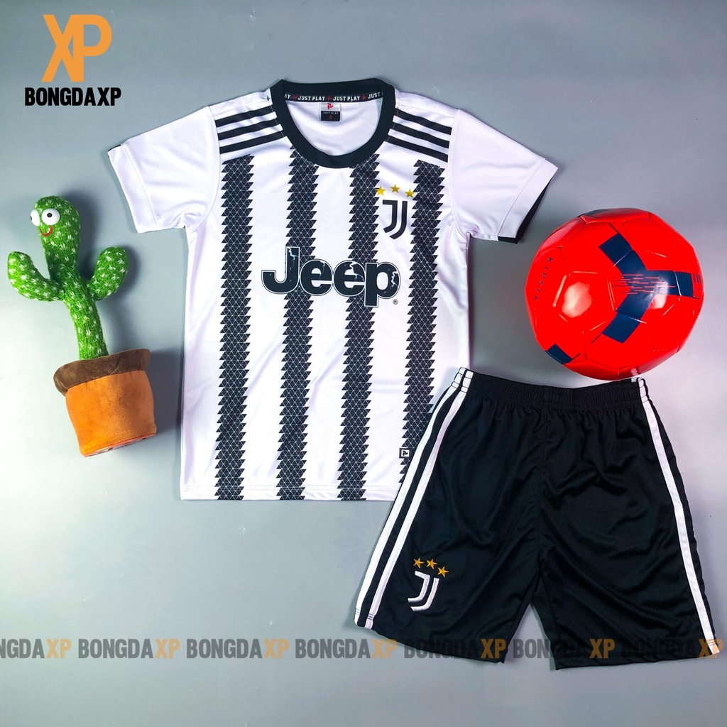 Quần áo bóng đá trẻ em, đồ đá banh trẻ em CLB Juven Trắng Sọc Đen Vải thun lạnh cao cấp