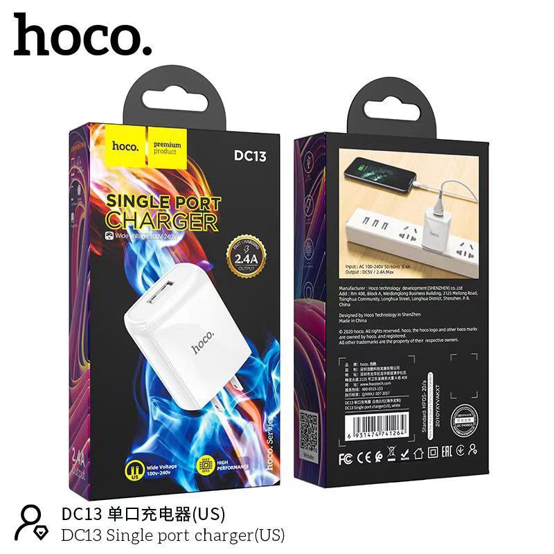 Củ sạc DC13 1 cổng USB, sạc nhanh 2.4A, tương thích với nhiều dòng điện thoại, chân cắm dẹt tiêu chuẩn US