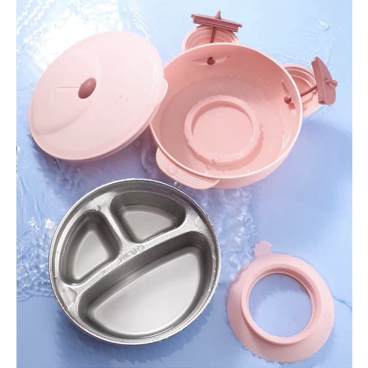 Bát ăn dặm chống đổ có nắp đậy cho bé - Khay ăn dặm chống lật inox và nhựa hình gấu cho bé Happypig