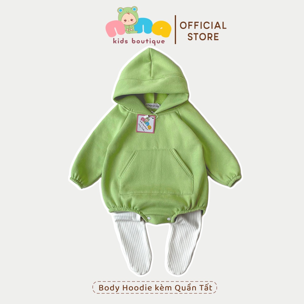 Bộ Body nỉ bông cho bé trai, bé gái Nina Kids Boutique Hoodie cho bé Kèm quần tất Size 0m 24m