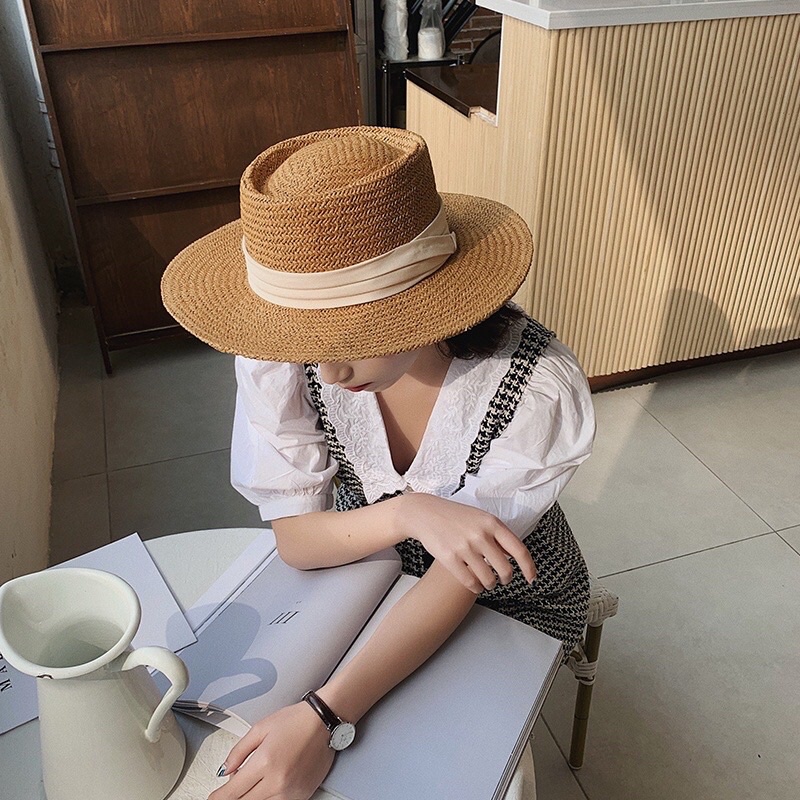 Mũ Cói Vành Phẳng Chống Nắng Thời Trang Đi Biển Phong Cách Nhật Bản