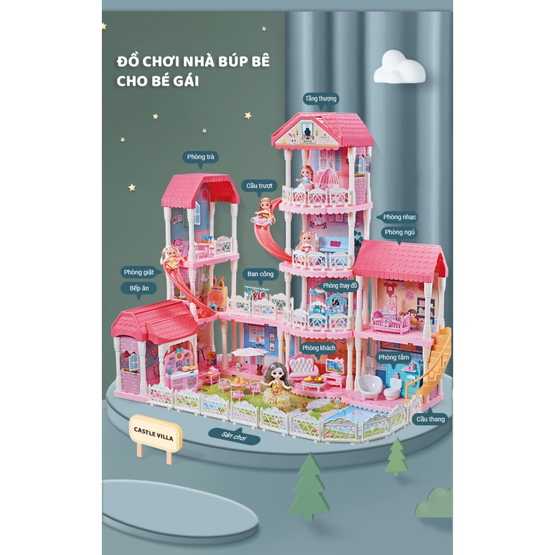 Nhà búp bê lắp ráp cỡ lớn 4 tầng bản mới 2023 Roadstar Castle Villa đồ chơi cho bé gái xây biệt thự chất liệu cao cấp