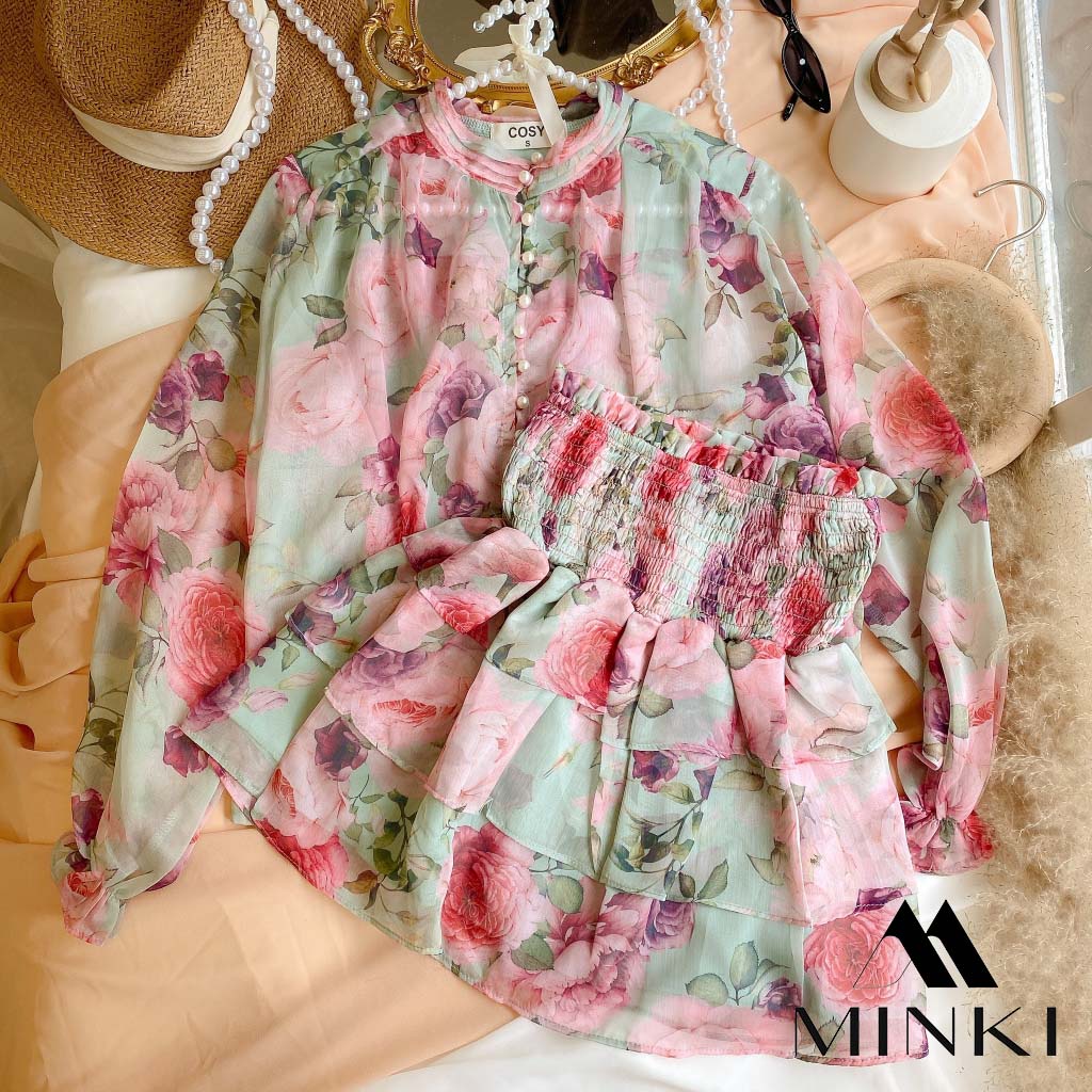 SET ÁO VOAN HOA KÈM LÓT CHÂN VÁY NHÚN - CHẤT LIỆU VOAN CAO CẤP - MÀU XANH / HỒNG | BigBuy360 - bigbuy360.vn