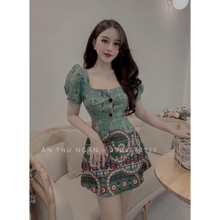 Đầm cổ vuông tay bồng phối nút hoạ tiết