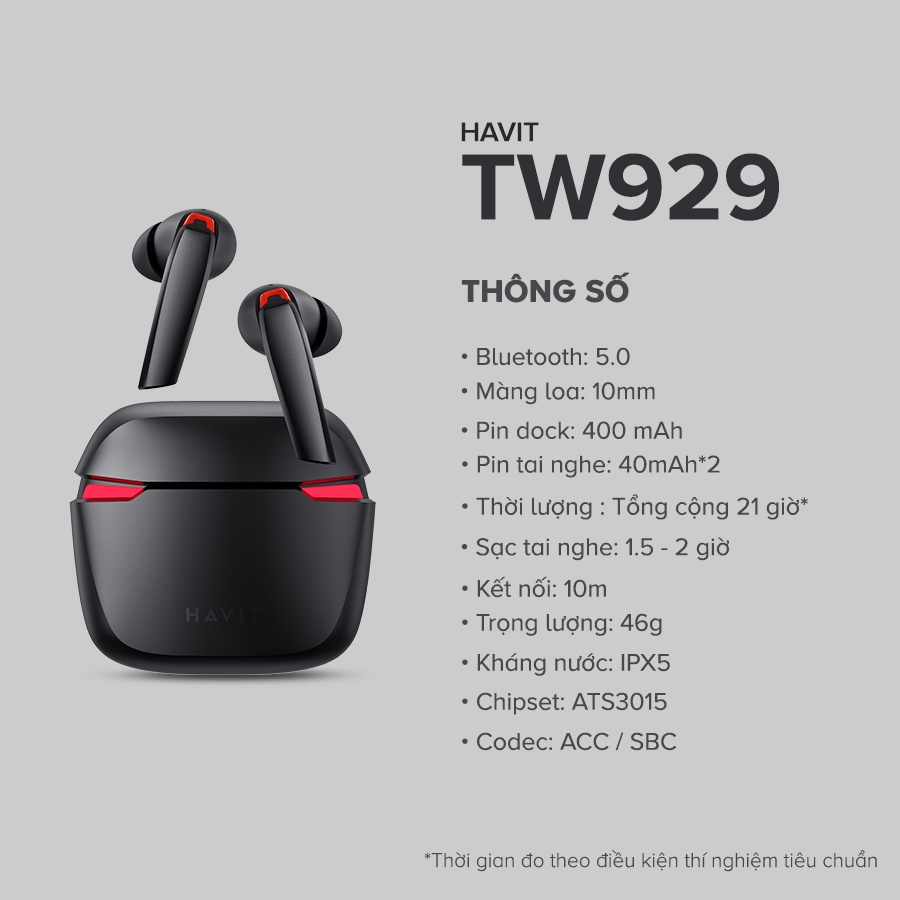 Tai Nghe Gaming True Wireless HAVIT TW929 Grey - Chính Hãng BH 12 Tháng Dizigear