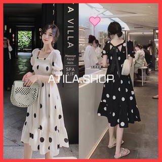 Đầm nữ, váy nữ cổ vuông sau lưng có dây buộc nơ , hoại tiết chấm bi bánh bèo tiểu thư sang chảnh hót hít ATILA SHOP.
