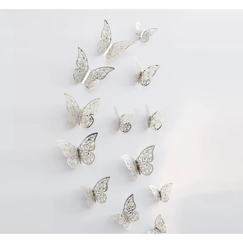 Set 12 mô hình bướm giả bằng kim loại dùng trang trí bánh kem,DÁN TƯỜNG