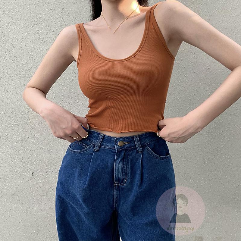 DRE-Women Casual Solid Color Camisole, Low Cut Sleeveless Crop Tops for Summer , Women Clothing