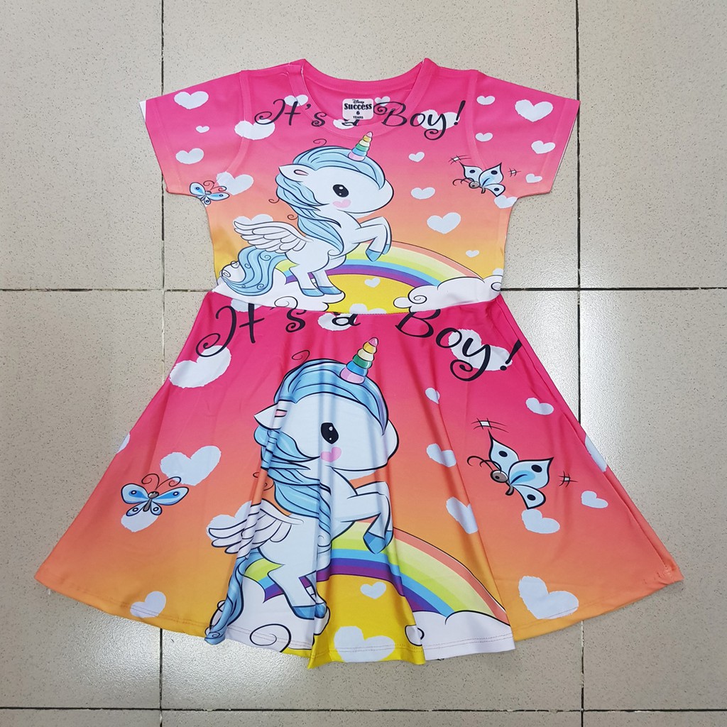 Đầm thun cotton lạnh ngựa pony sừng kỳ lân bé gái