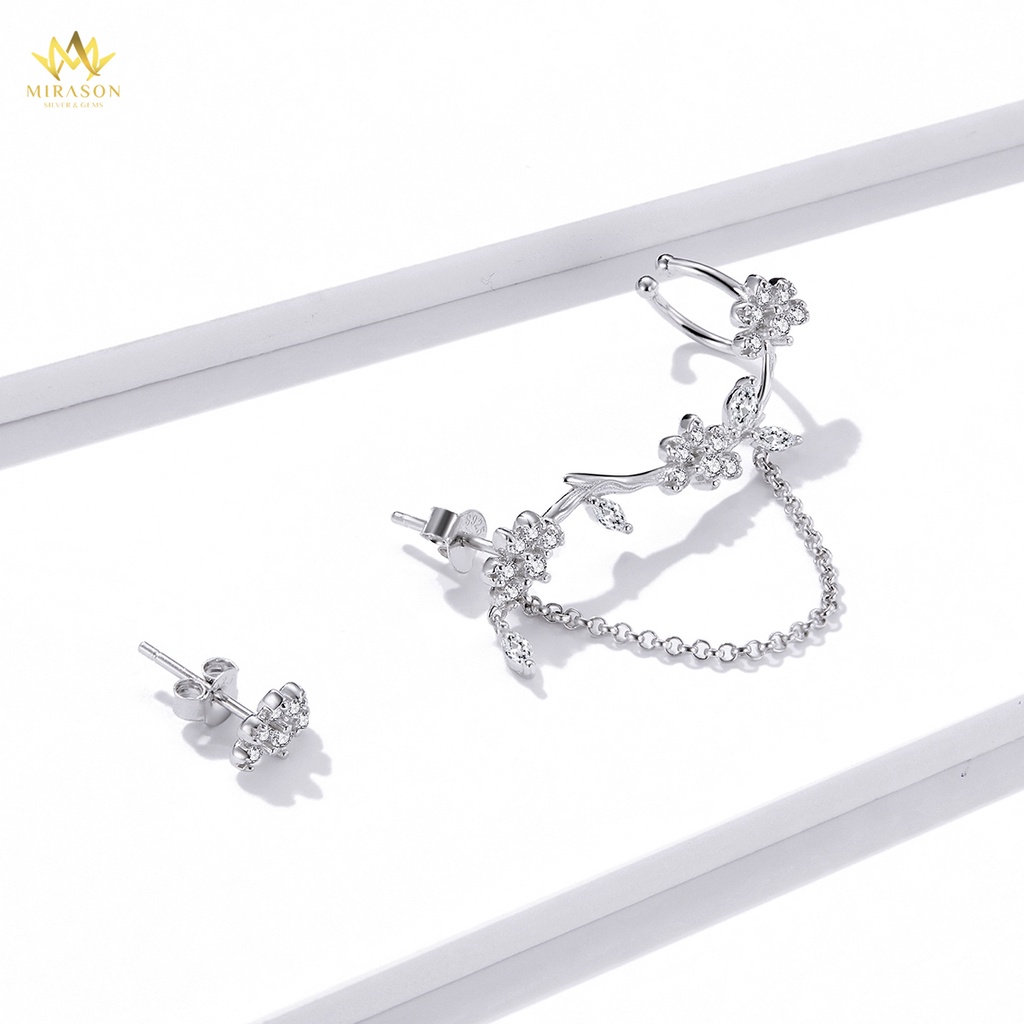 Khuyên Tai Bạc Nữ MIRASON Hoa Cành Nạm Đá Cách Điệu 2 Bên Khác Biệt MBT251 - Bông Tai Nữ Bạc 925 Cao Cấp