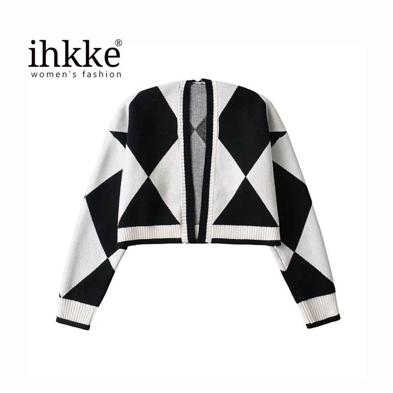 ihkke Áo khoác cardigan dệt kim tay dài dáng rộng màu sắc retro