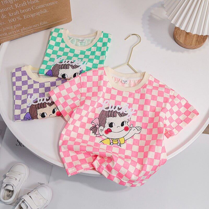 Áo Thun Tay Ngắn Bằng Cotton Họa Tiết Sọc Caro Thời Trang Mùa Hè Cho Bé Gái 2-6 Tuổi