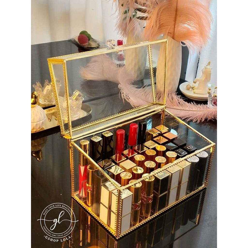 Hộp đựng son 40 ô chất liệu thủy tinh viền khung gold cứng cáp, sang trọng