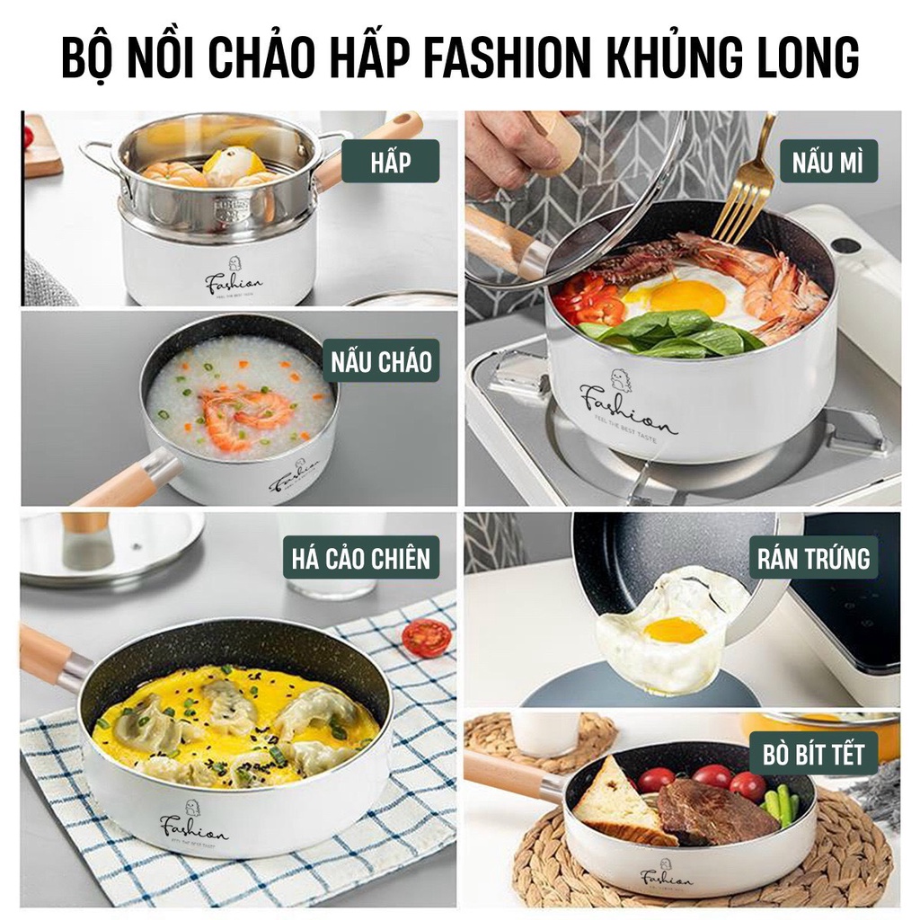 Bộ nồi chảo ăn dặm cho bé fashion khủng long 16cm kèm xửng hấp luvamo (cán lắp sẵn)