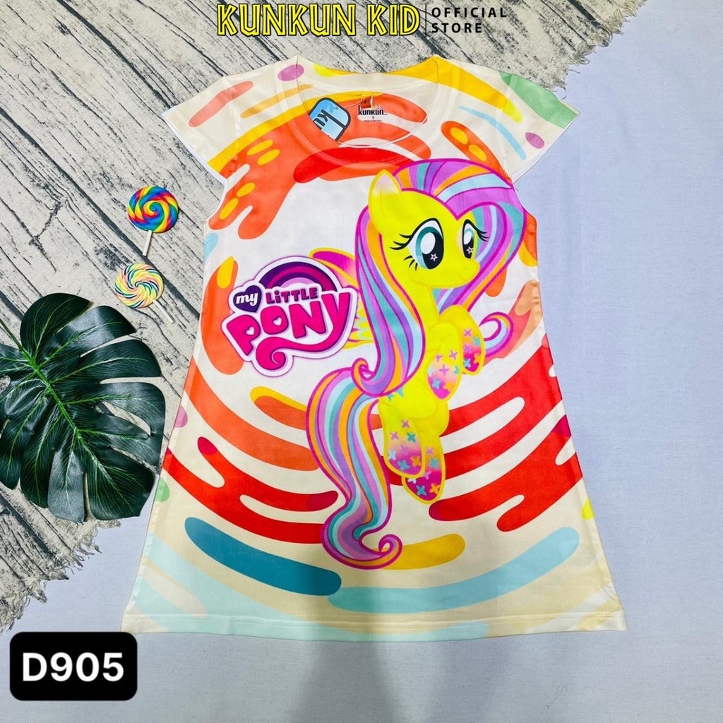 Đầm bé gái chất thun lạnh in 3d hình chú ngựa pony Kunkun Kid D905 size 13-45kg