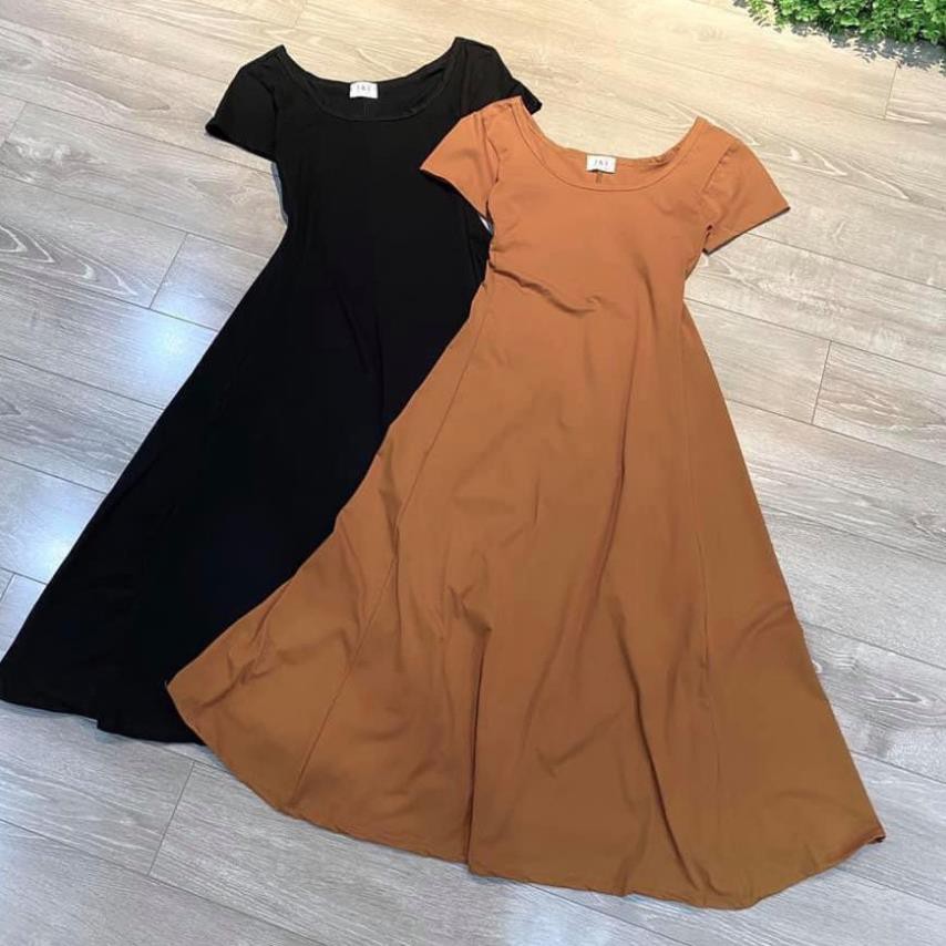 Váy Cổ U Tay Cộc 🌺 Đầm thun nữ midi 2 màu ĐEN | NÂU trơn style Korea SIÊU HOT 🌺 New ྇