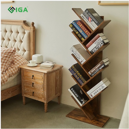 Kệ sách gỗ hình xương cá màu gỗ cháy thương hiệu TIMIO - TP03