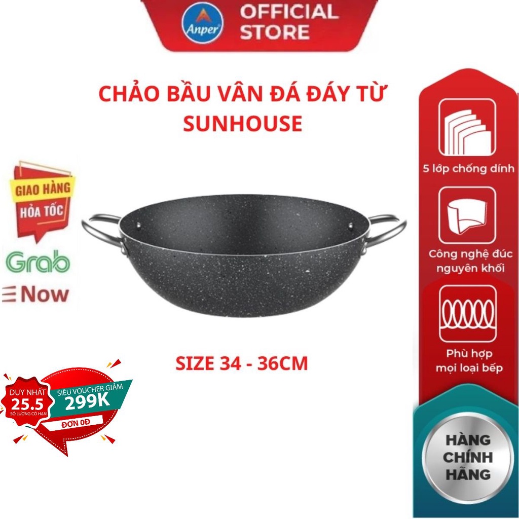 Chảo chống dính bầu sâu lòng 2 quai SUNHOUSE 34cm 36cm siêu dày (dùng được mọi loại bếp) Mới 100% Chính Hãng Bảo Hành