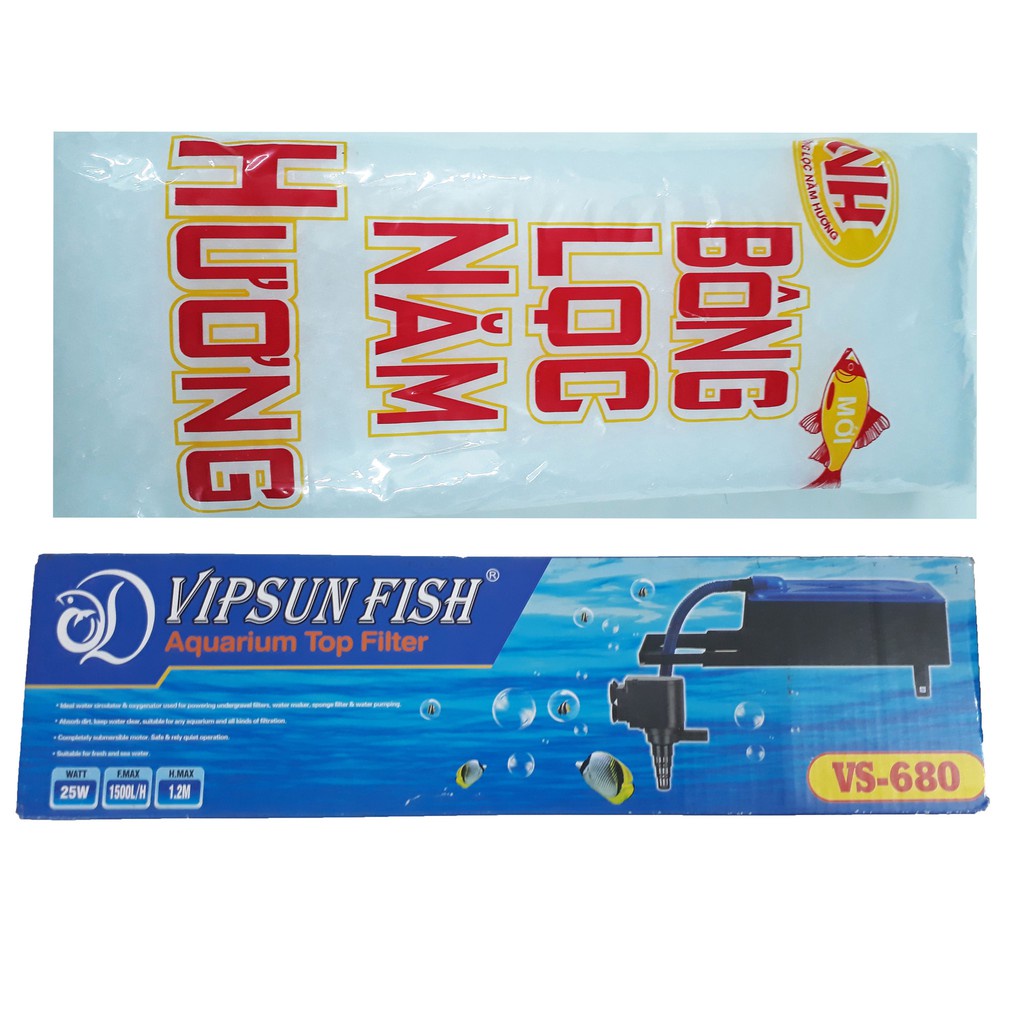 Máy Bơm Lọc Nước Hồ Cá VS-680 & Bông Lọc - Bộ Bơm Lọc Nước Bể Cá Vipsun