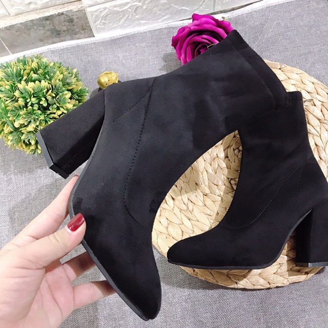 Bốt nữ Hàn Quốc da lộn cổ lửng gót Vuông 9p khoá sau hot hit
