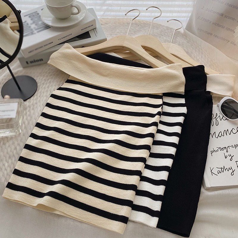 Áo Croptop Dệt Kim Trễ Vai Tay Ngắn Dáng Ôm Kẻ Sọc Màu Tương Phản Kiểu Retro Thời Trang Cho Nữ