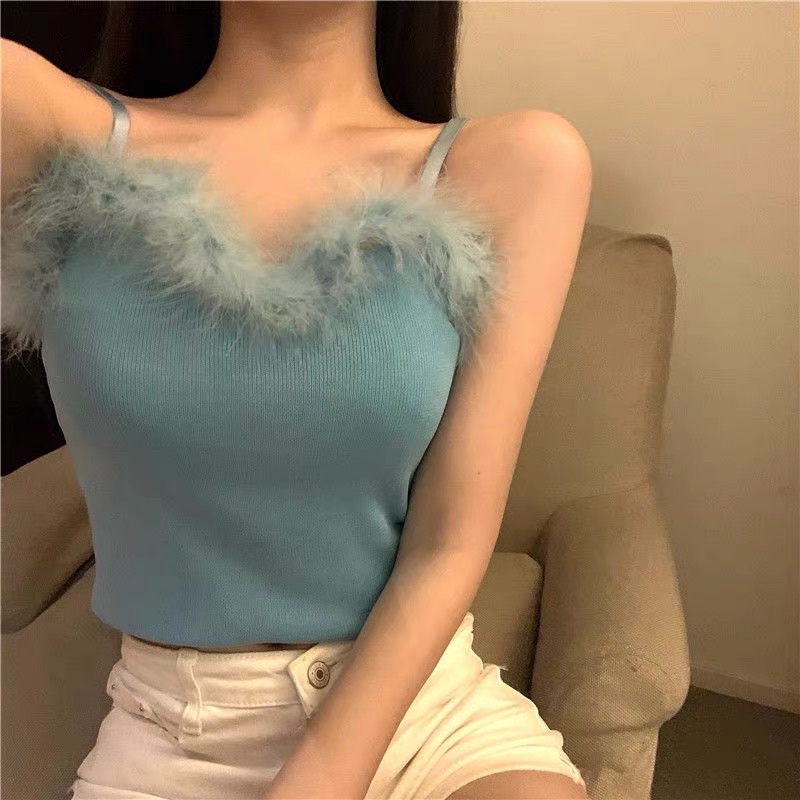 Áo hai dây len tăm chữ V cổ đính lông vũ quyến rũ nhiều màu
