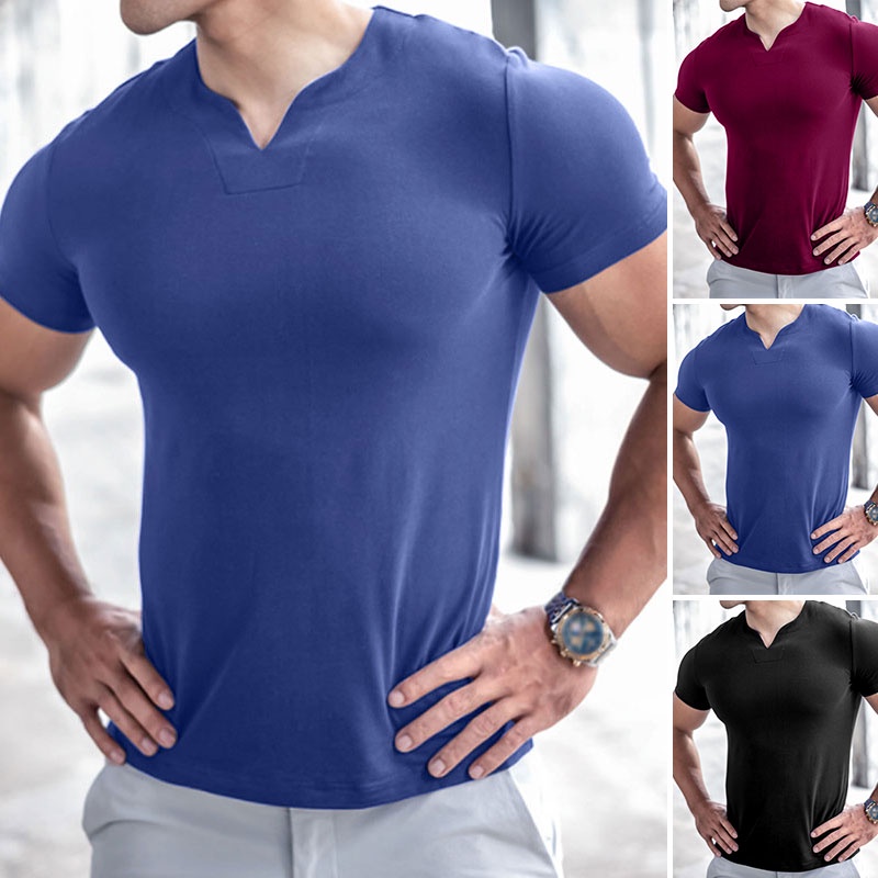 Áo thun INCERUN ngắn tay cổ chữ V màu trơn 3 màu lựa chọn cho nam