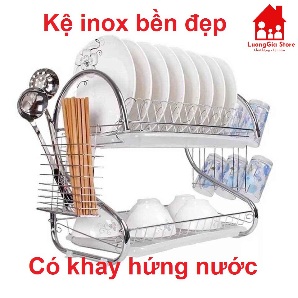 Giá úp bát 2 tầng có khay hứng nước - kệ úp bát 2 tầng chữ S