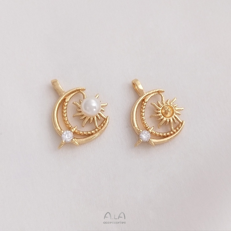 Vòng cổ Đồng 14K Mặt Hình Trăng Sao Mặt Trời Đính Ngọc Trai Làm Đồ Thủ Công DIY